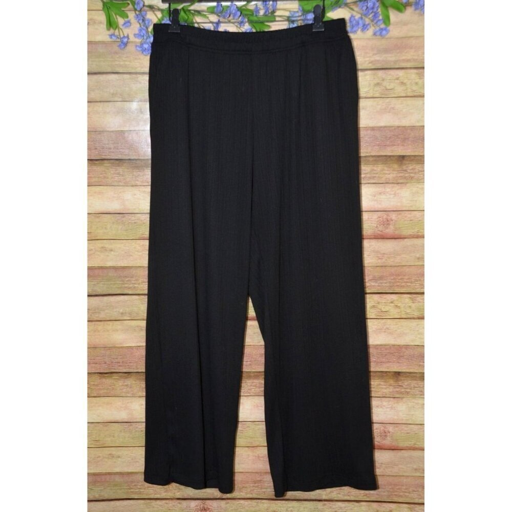 Modern Works Ladies L Black Ribbed Casual Pull On Pants Pockets Wide Leg Comfy